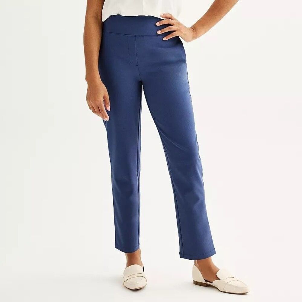 Nine West Pull-on Straight Ankle Pants Womens L Petite Blue Stretch NEW